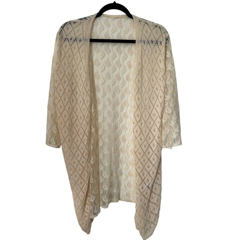 Shein Sweater Womens Size 0XL Beige 3/4 Sleeve Open Knit Sheer Back Cardigan